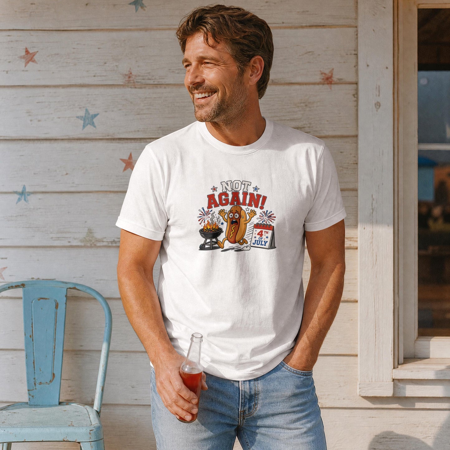 Not Again! Funny Patriotic Hot Dog T-Shirt – 4th of July BBQ Fireworks Tee