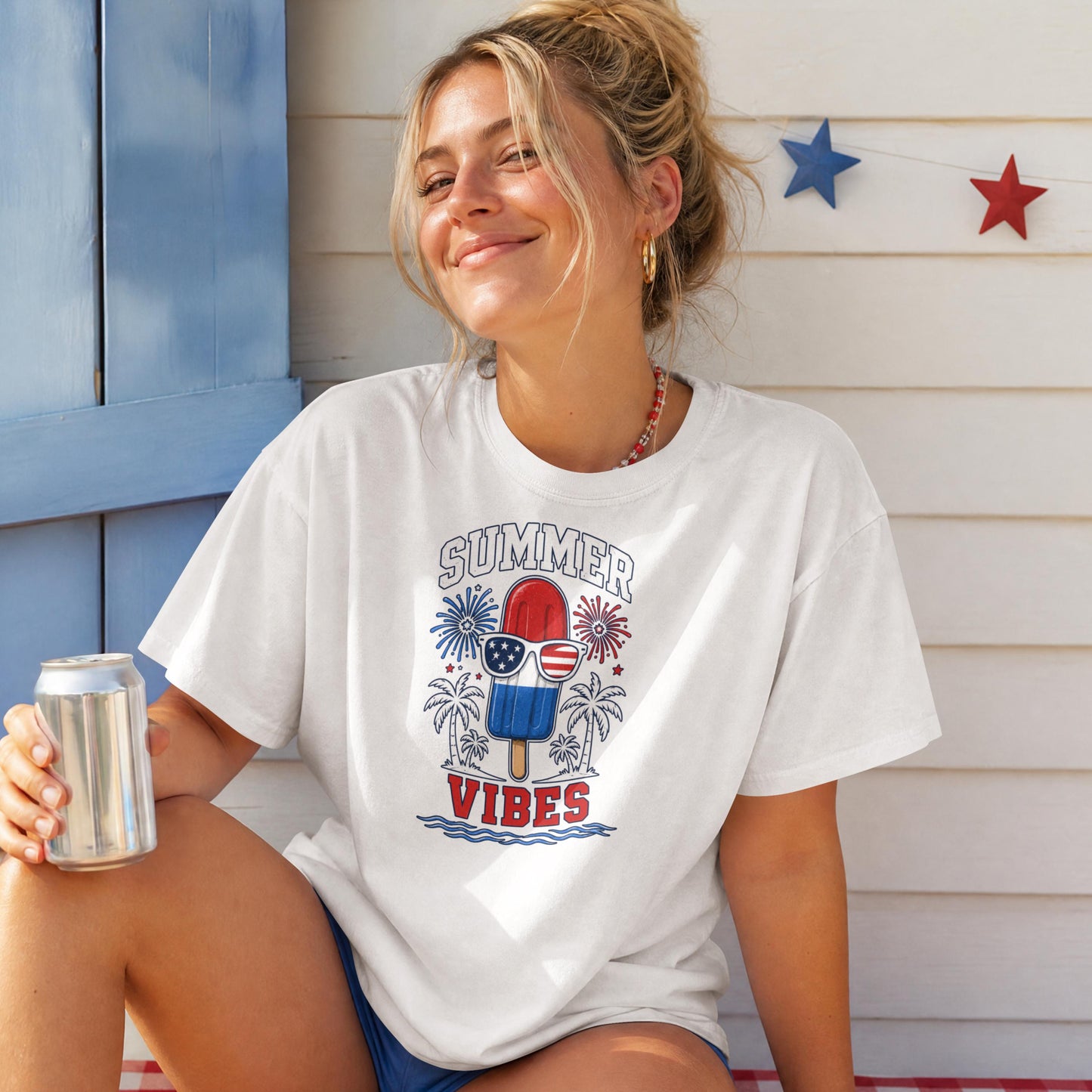 Summer Vibes Patriotic T-Shirt – 4th of July Popsicle Red White Blue Fireworks Tee