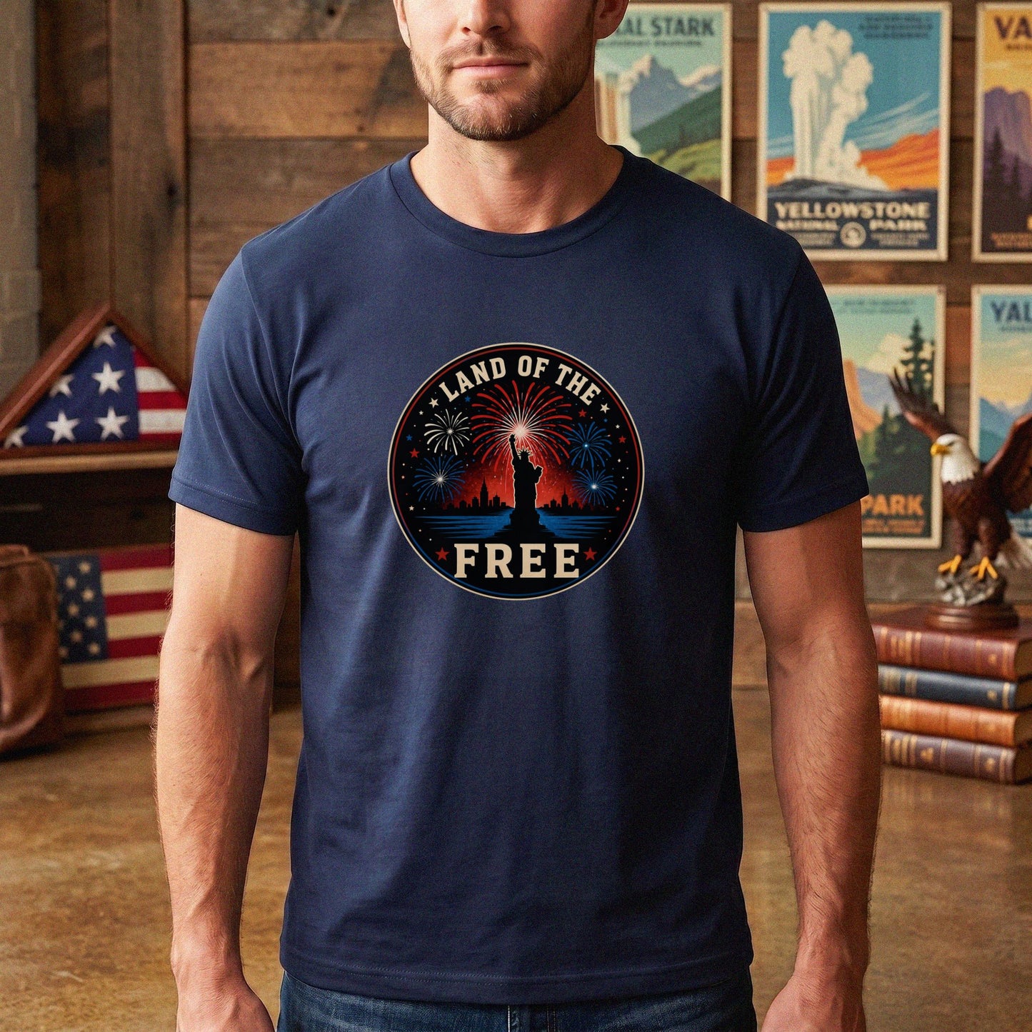 Land of the Free T-Shirt – Patriotic Fireworks 4th of July Statue of Liberty Tee