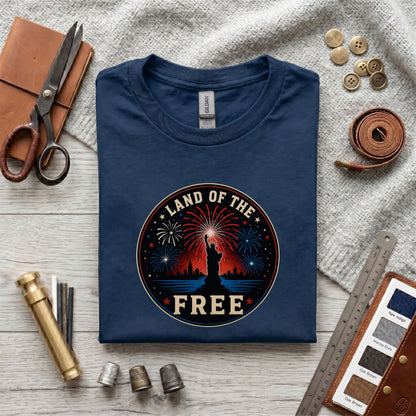 Land of the Free T-Shirt – Patriotic Fireworks 4th of July Statue of Liberty Tee