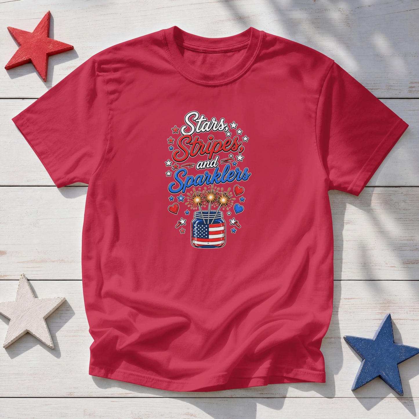 Stars, Stripes & Sparklers Patriotic T-Shirt – 4th of July Fireworks Red White Blue Tee