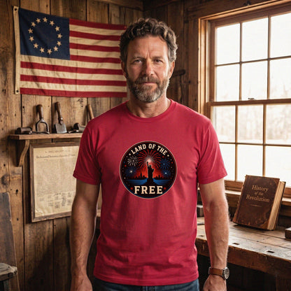 Land of the Free T-Shirt – Patriotic Fireworks 4th of July Statue of Liberty Tee