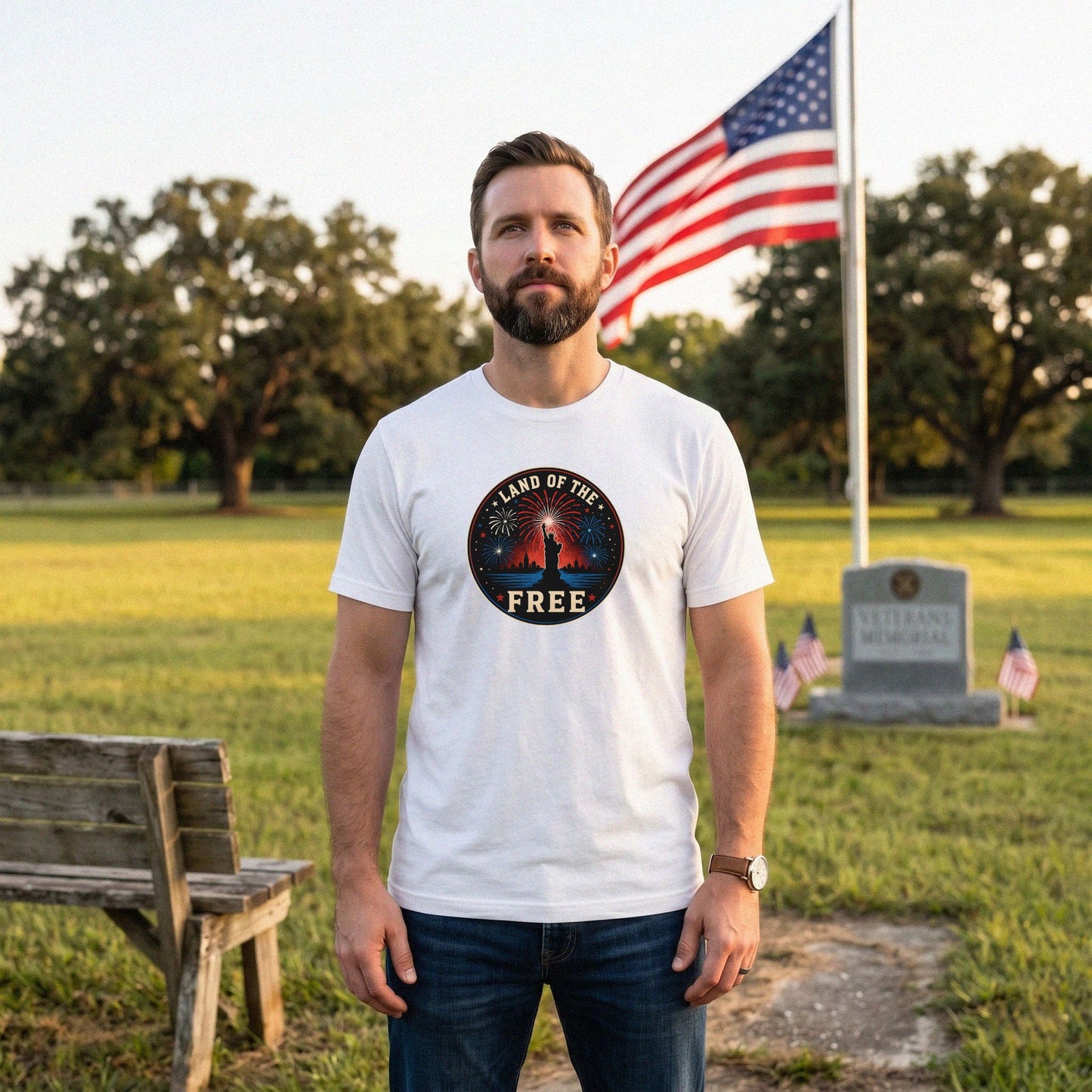 Land of the Free T-Shirt – Patriotic Fireworks 4th of July Statue of Liberty Tee