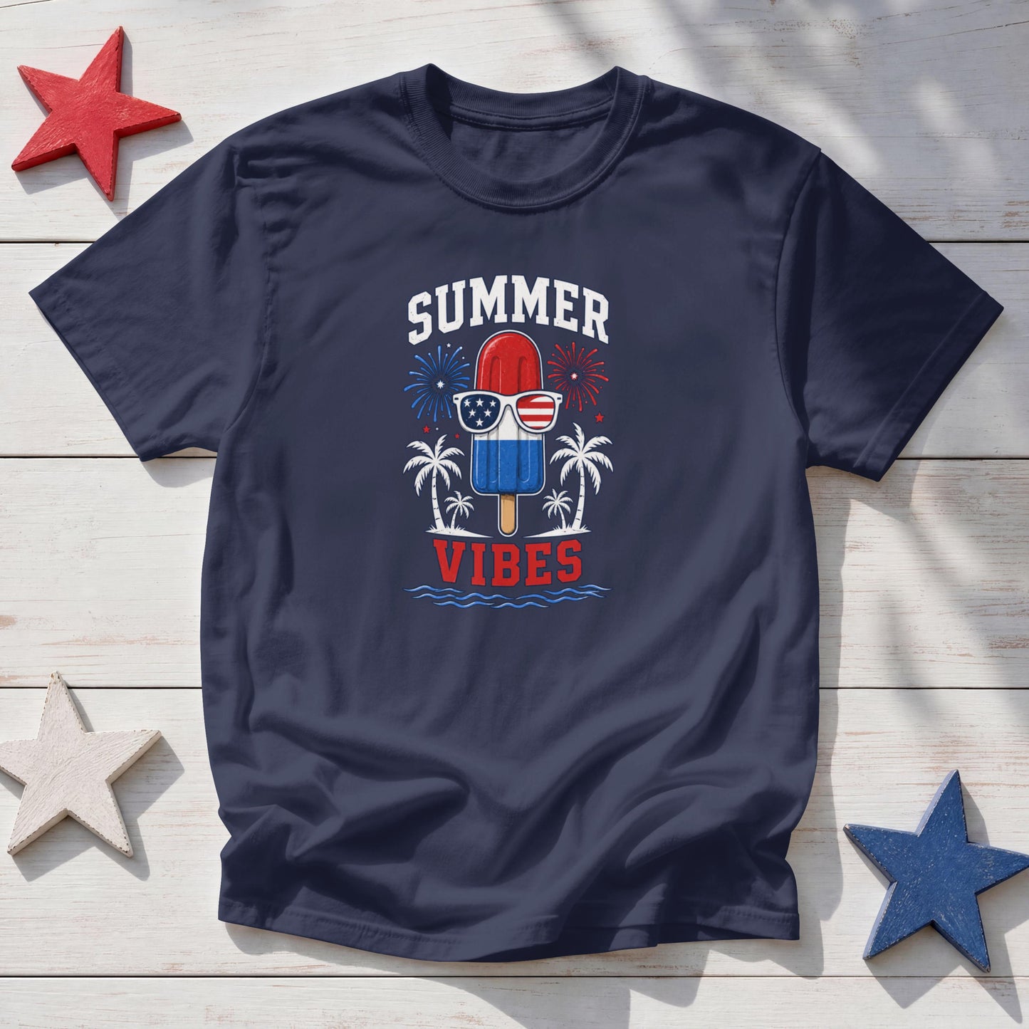 Summer Vibes Patriotic T-Shirt – 4th of July Popsicle Red White Blue Fireworks Tee