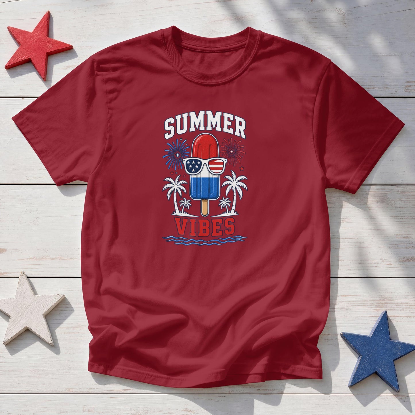 Summer Vibes Patriotic T-Shirt – 4th of July Popsicle Red White Blue Fireworks Tee