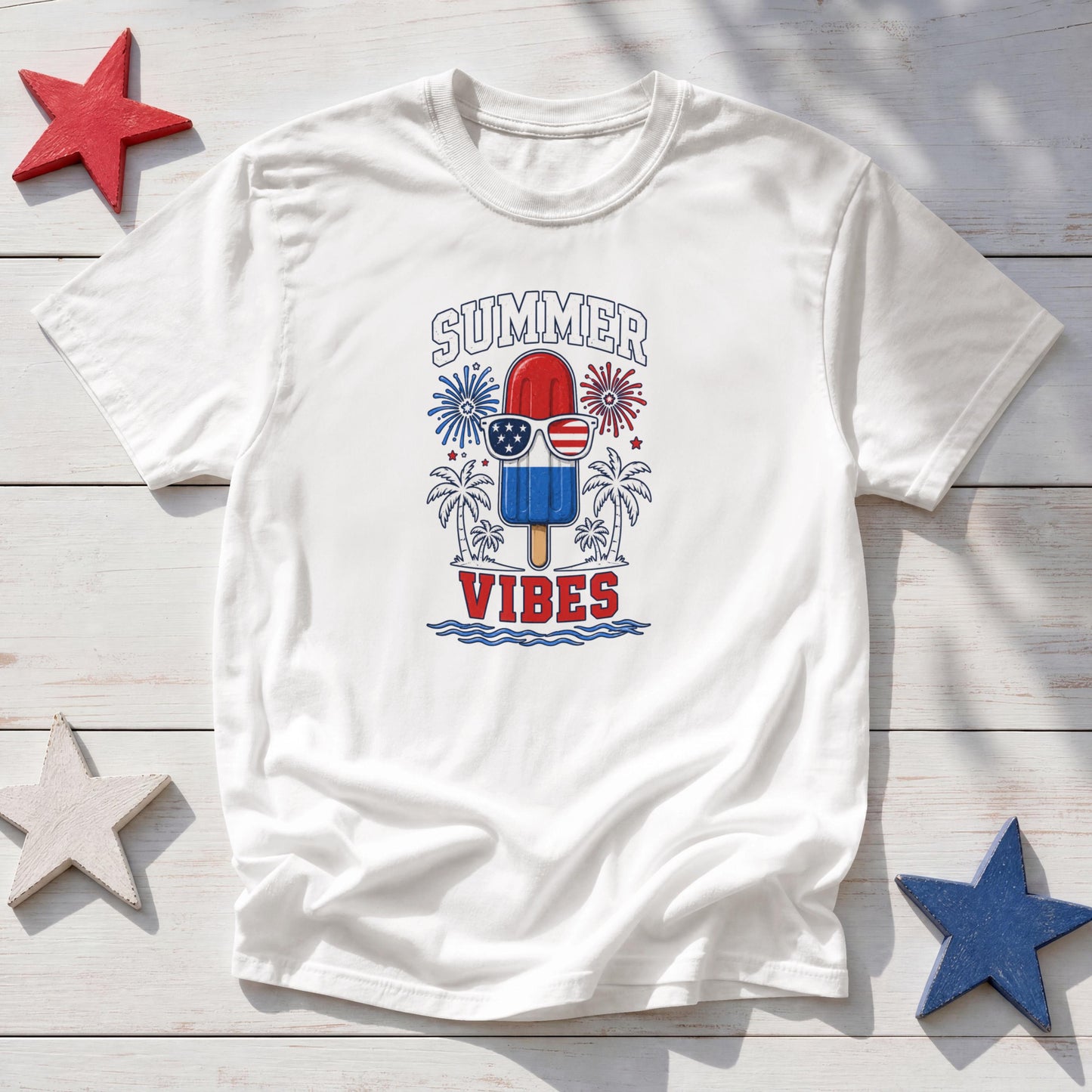Summer Vibes Patriotic T-Shirt – 4th of July Popsicle Red White Blue Fireworks Tee