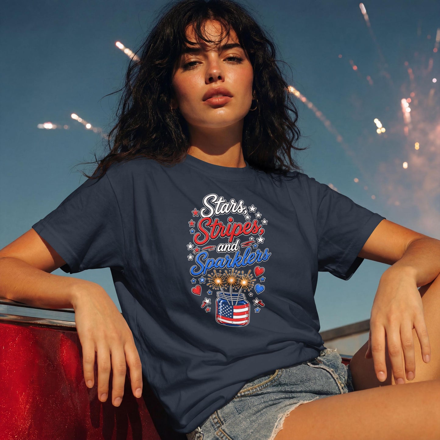 Stars, Stripes & Sparklers Patriotic T-Shirt – 4th of July Fireworks Red White Blue Tee