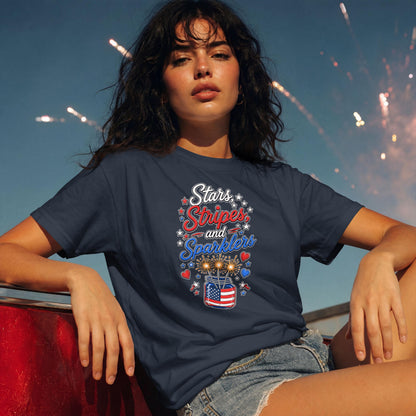 Stars, Stripes & Sparklers Patriotic T-Shirt – 4th of July Fireworks Red White Blue Tee