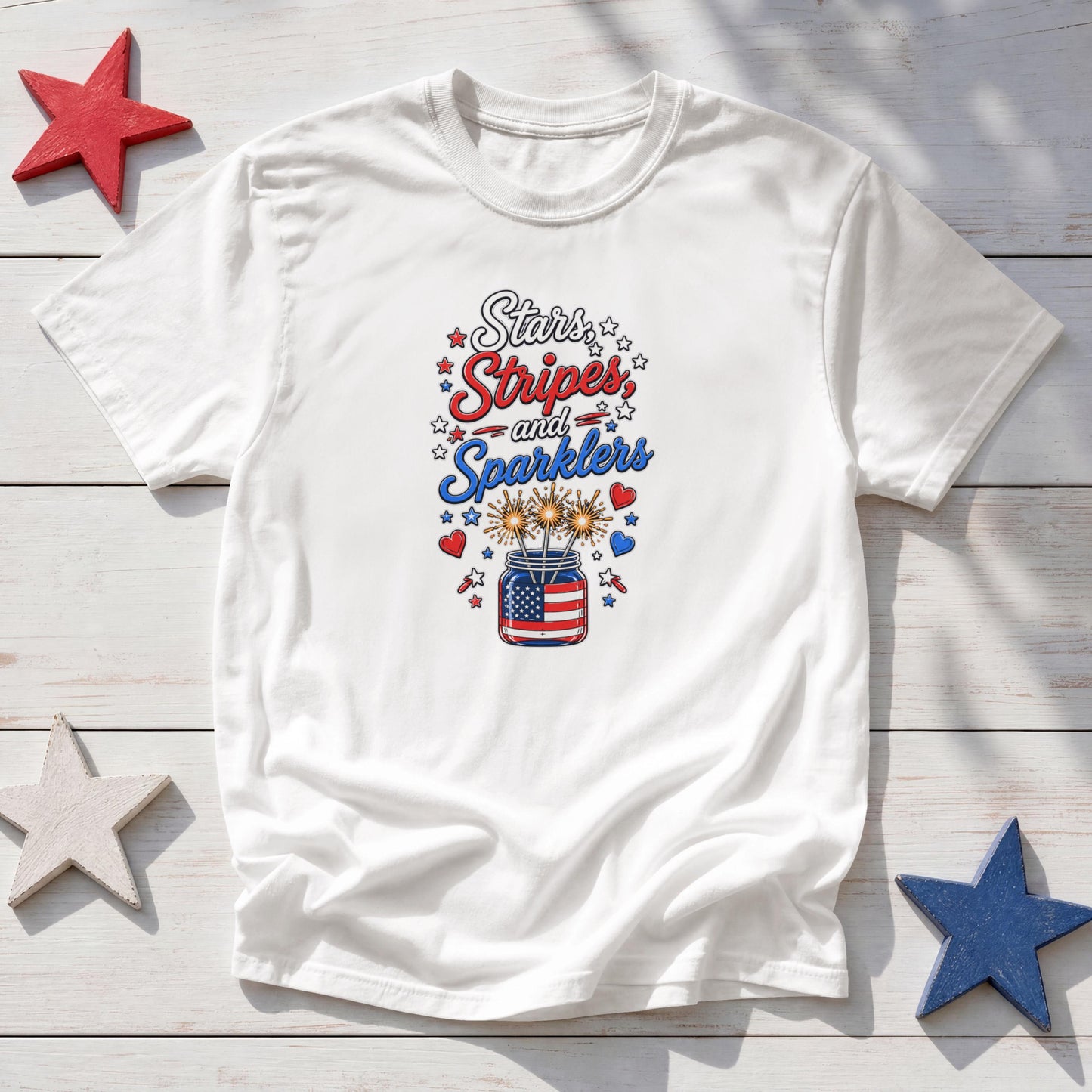 Stars, Stripes & Sparklers Patriotic T-Shirt – 4th of July Fireworks Red White Blue Tee