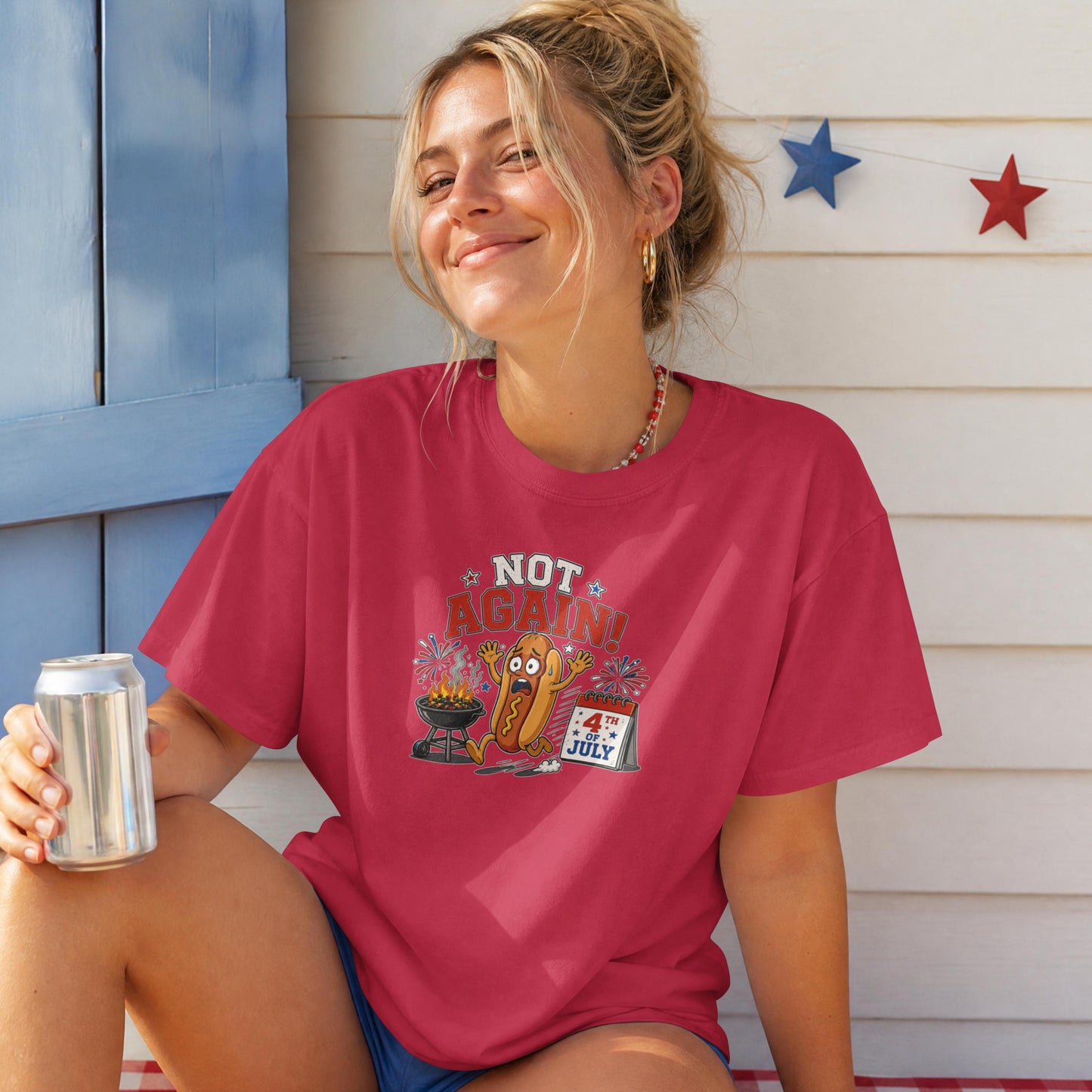 Not Again! Funny Patriotic Hot Dog T-Shirt – 4th of July BBQ Fireworks Tee