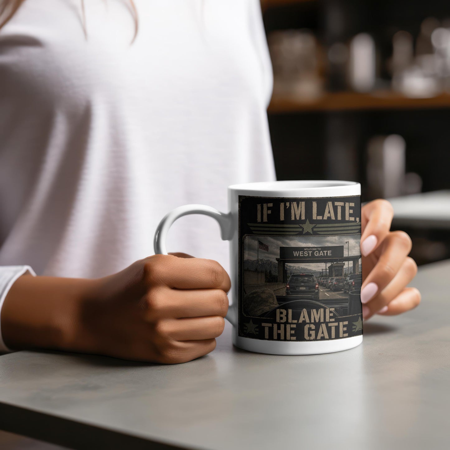 If I'm Late Blame The Gate Mug – Funny Hill AFB Military Humor Coffee Cup