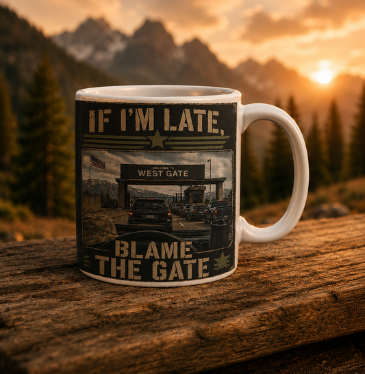 If I'm Late Blame The Gate Mug – Funny Hill AFB Military Humor Coffee Cup