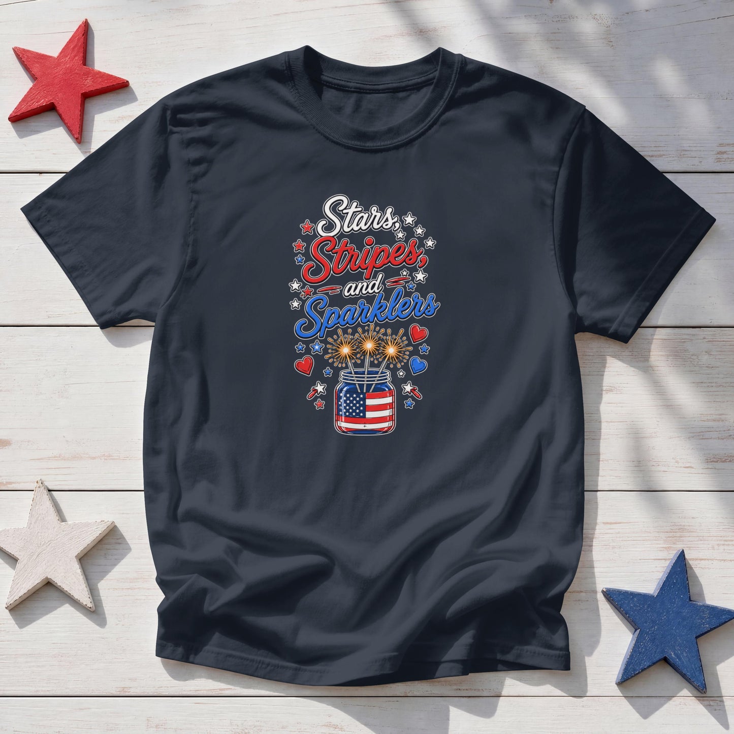 Stars, Stripes & Sparklers Patriotic T-Shirt – 4th of July Fireworks Red White Blue Tee