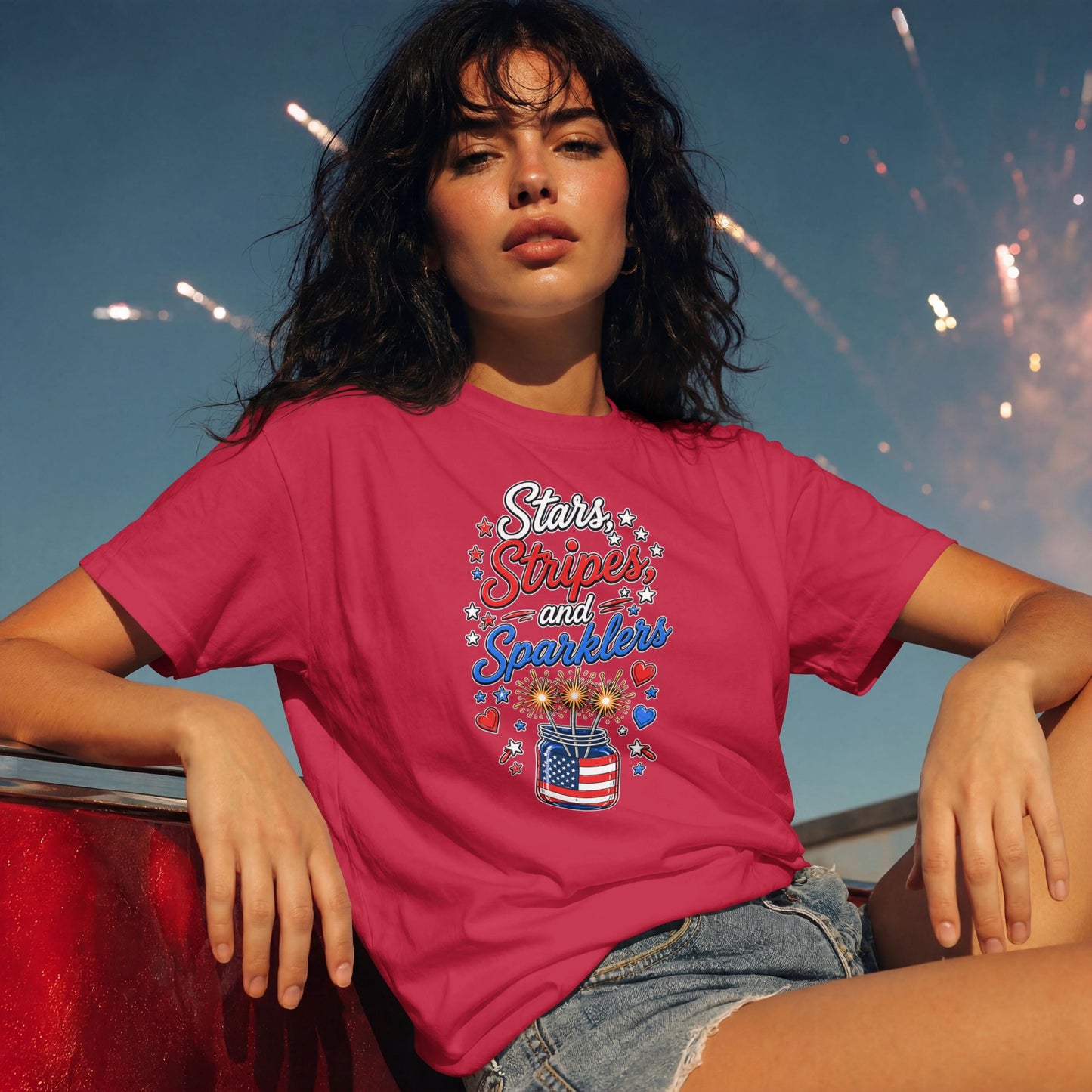 Stars, Stripes & Sparklers Patriotic T-Shirt – 4th of July Fireworks Red White Blue Tee