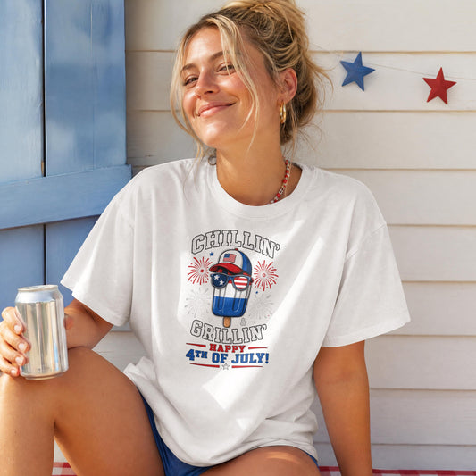 Chillin' & Grillin' Patriotic T-Shirt – Funny 4th of July BBQ Fireworks Tee